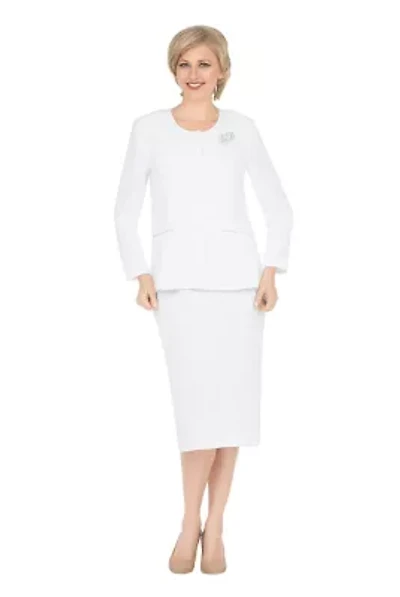 2-piece Collarless 4-button Skirt Suit with Brooch