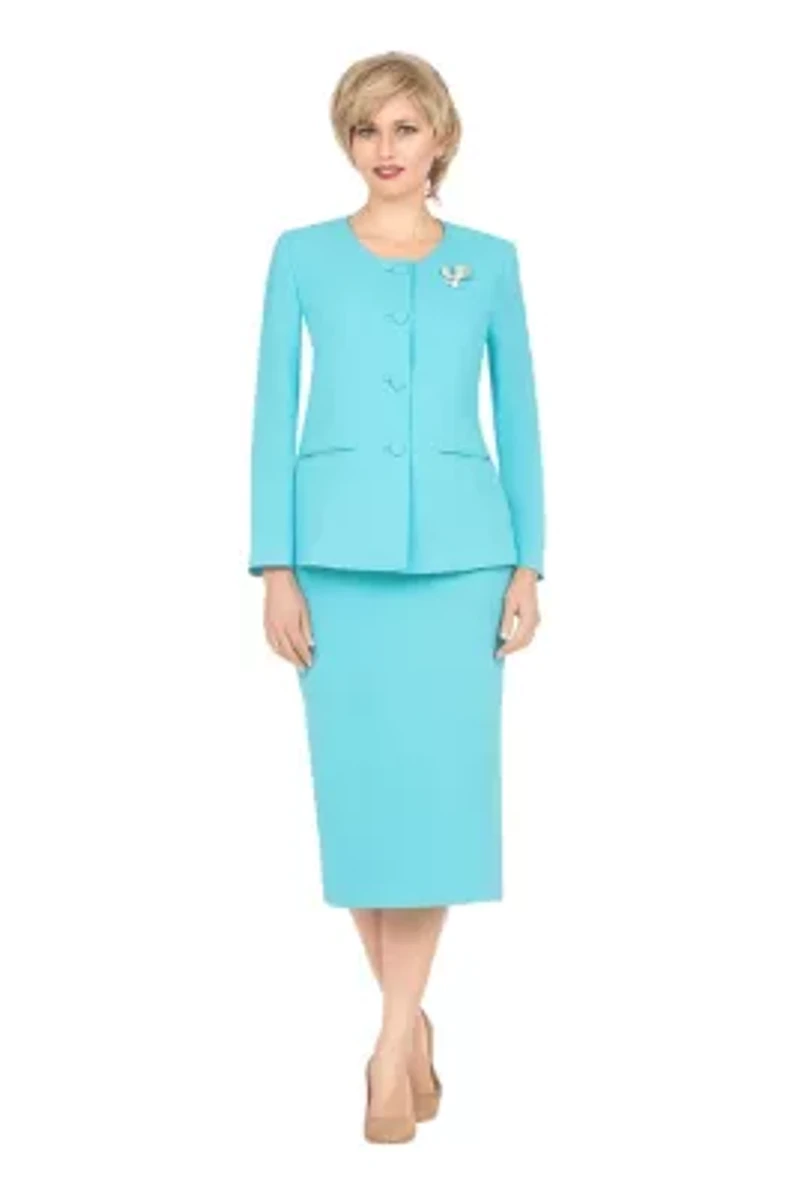 2-piece Collarless 4-button Skirt Suit with Brooch