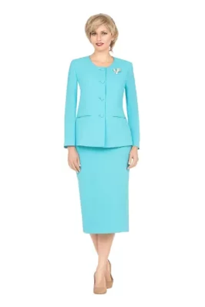 2-piece Collarless 4-button Skirt Suit with Brooch