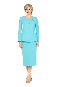 2-piece Collarless 4-button Skirt Suit with Brooch