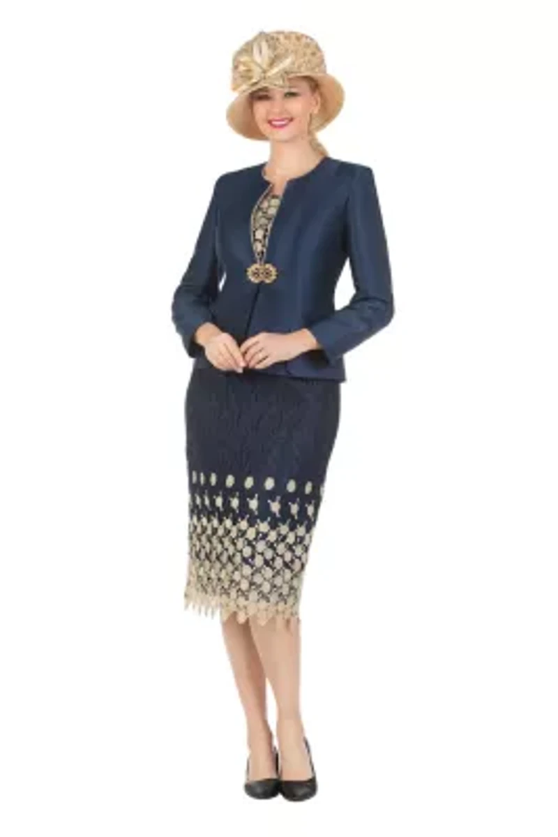 3-piece Silk Twill/Lace Combo Two-tone Skirt Suit
