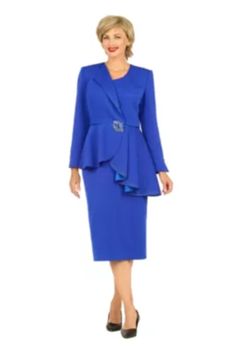 2-piece Light Scuba Uneven Peplum Jacket & Skirt Suit with Rhinestone Décor