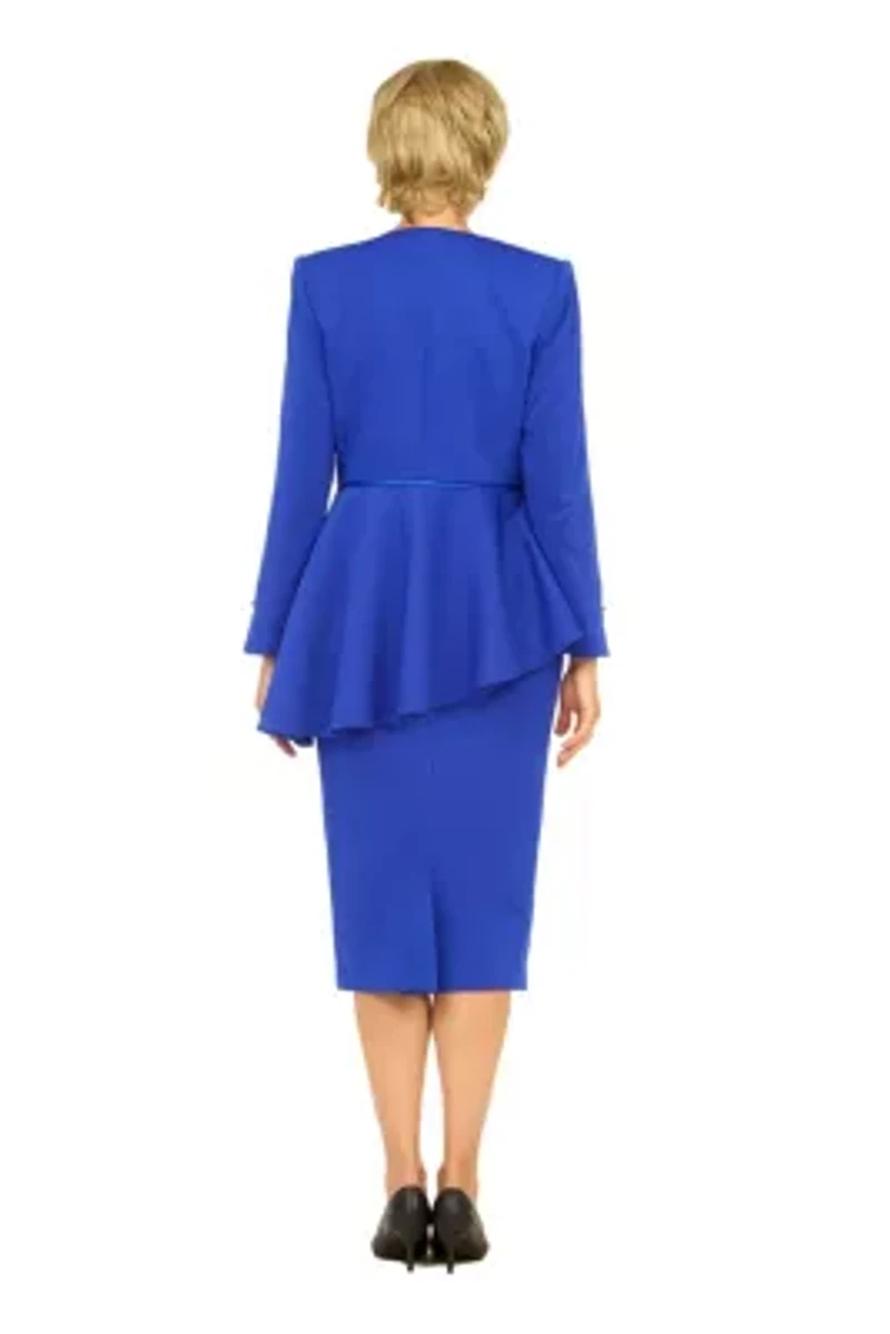 2-piece Light Scuba Uneven Peplum Jacket & Skirt Suit with Rhinestone Décor