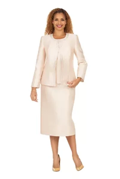 3-piece Silky Twill Skirt Suit with Meteoric Stones