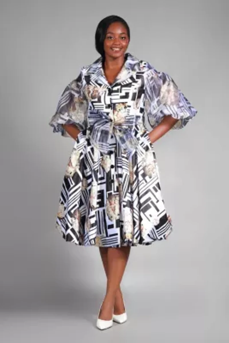 Puff Sleeve Print Shirt Dress Silky Twill & Organza