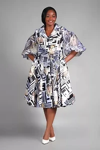 Puff Sleeve Print Shirt Dress Silky Twill & Organza