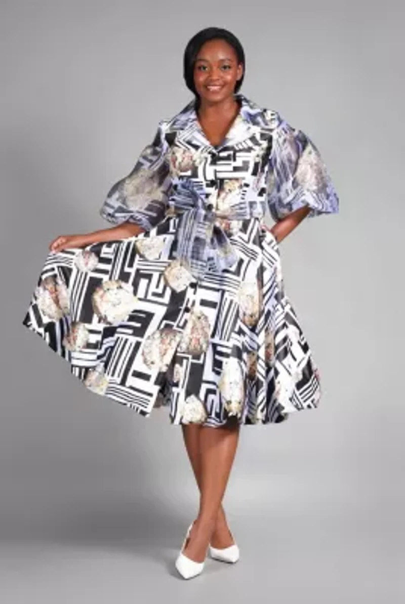 Puff Sleeve Print Shirt Dress Silky Twill & Organza