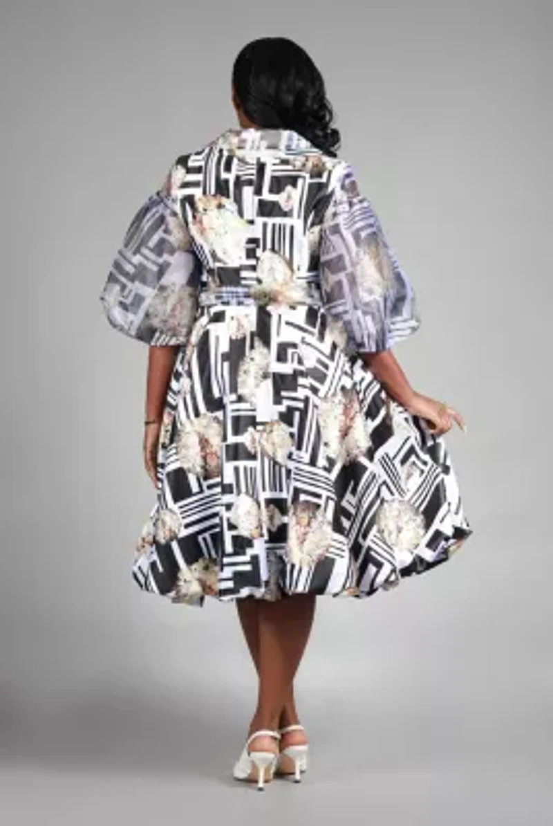 Puff Sleeve Print Shirt Dress Silky Twill & Organza