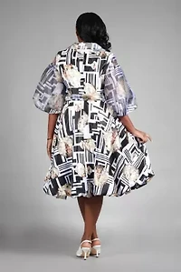 Puff Sleeve Print Shirt Dress Silky Twill & Organza