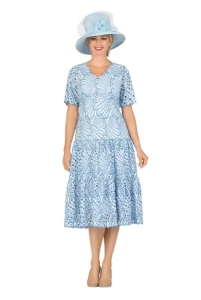 V-neck Short Sleeve Cotton Blend A-line Tiered Eyelet Dress