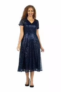 V-neck Short Sleeve A-line Dress Sequined Lace