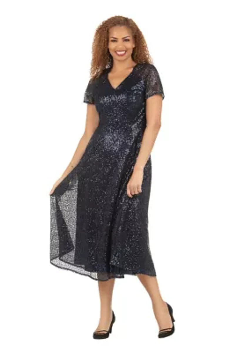V-neck Short Sleeve A-line Dress Sequined Lace