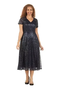 V-neck Short Sleeve A-line Dress Sequined Lace