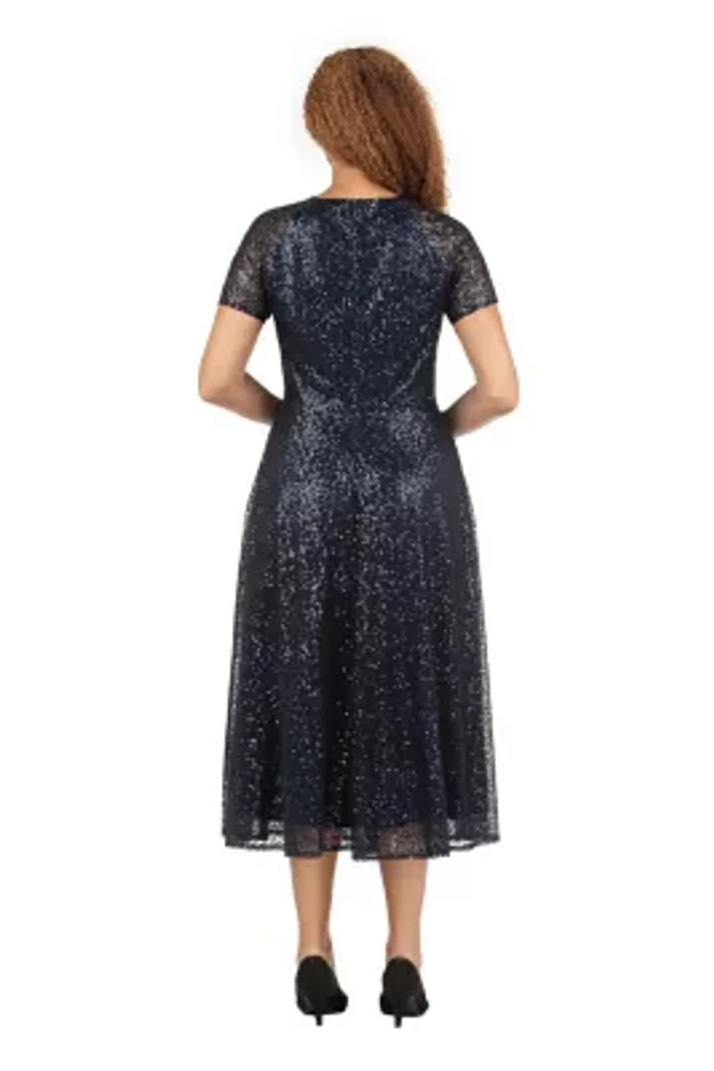 V-neck Short Sleeve A-line Dress Sequined Lace