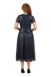 V-neck Short Sleeve A-line Dress Sequined Lace