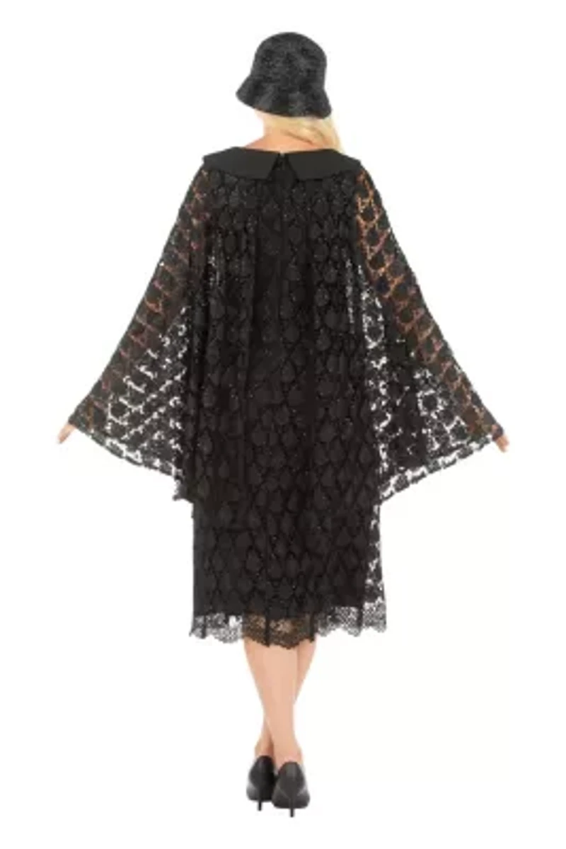 Luxurious Sequined Lace Shift Dress with Faux Cape and Rounded Lapel Collar