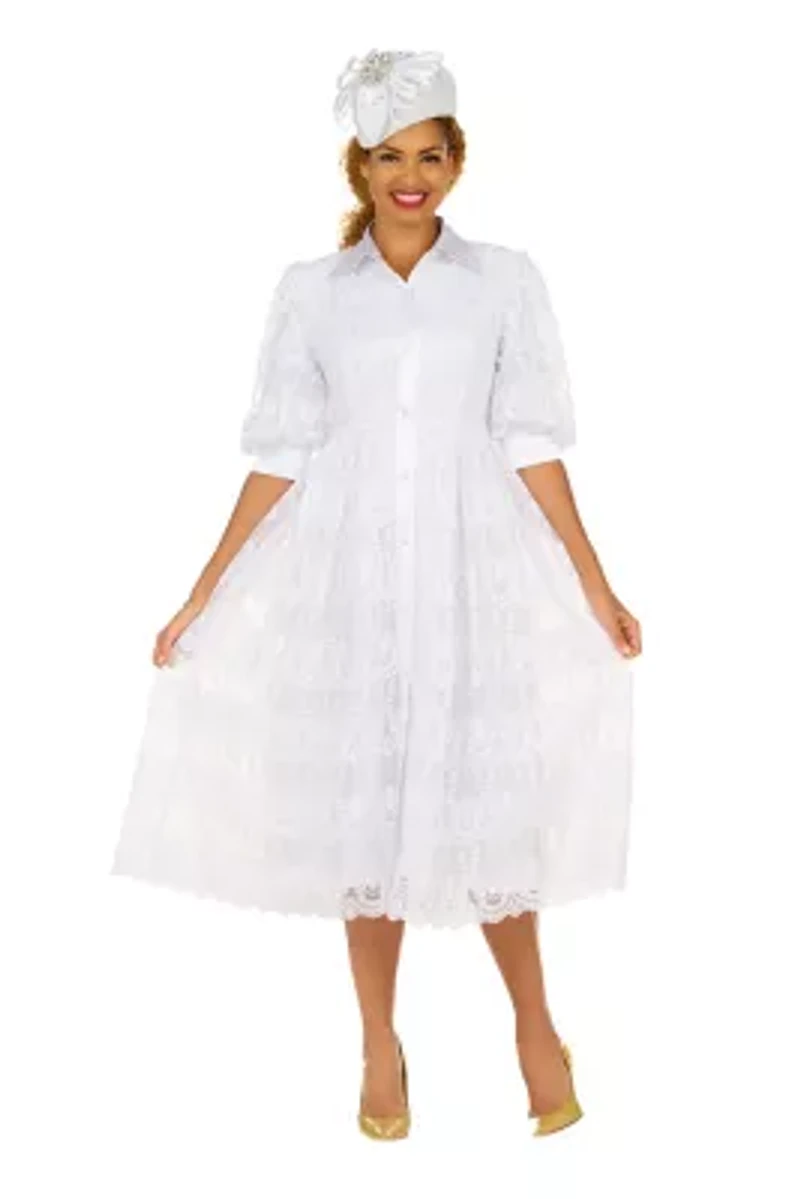 A-line Puffy Sleeve Button Down Lace Dress