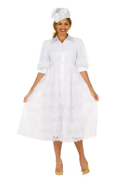A-line Puffy Sleeve Button Down Lace Dress