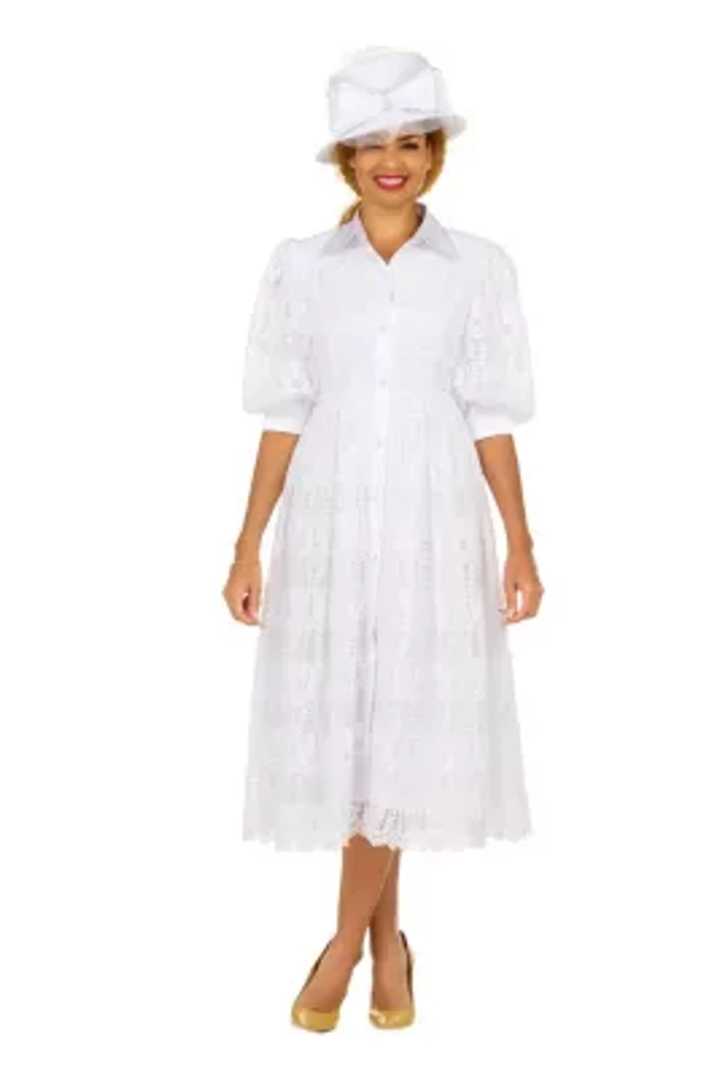 A-line Puffy Sleeve Button Down Lace Dress