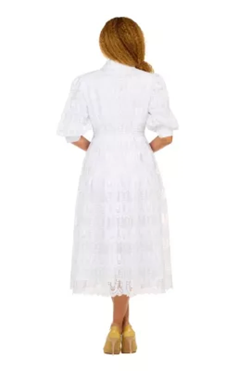 A-line Puffy Sleeve Button Down Lace Dress