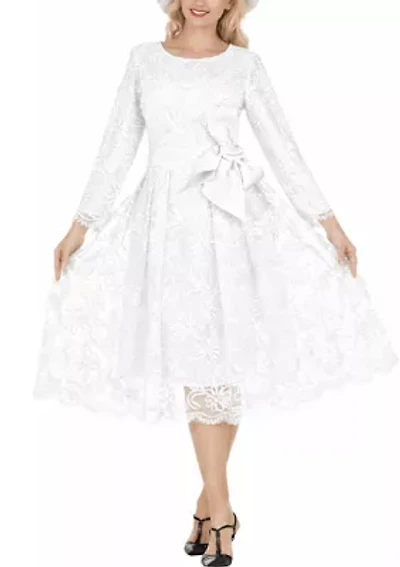 Long Slv Lux Lace A-line Dress w/ Belt - Plus