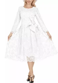 Long Slv Lux Lace A-line Dress w/ Belt - Plus