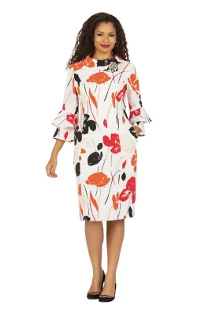 Cowl Neck 3/4 Ruffled Slv Print Drs w/ Brooch