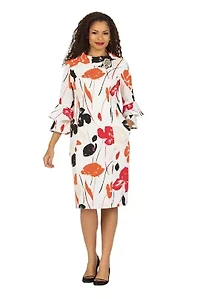 Cowl Neck 3/4 Ruffled Slv Print Drs w/ Brooch