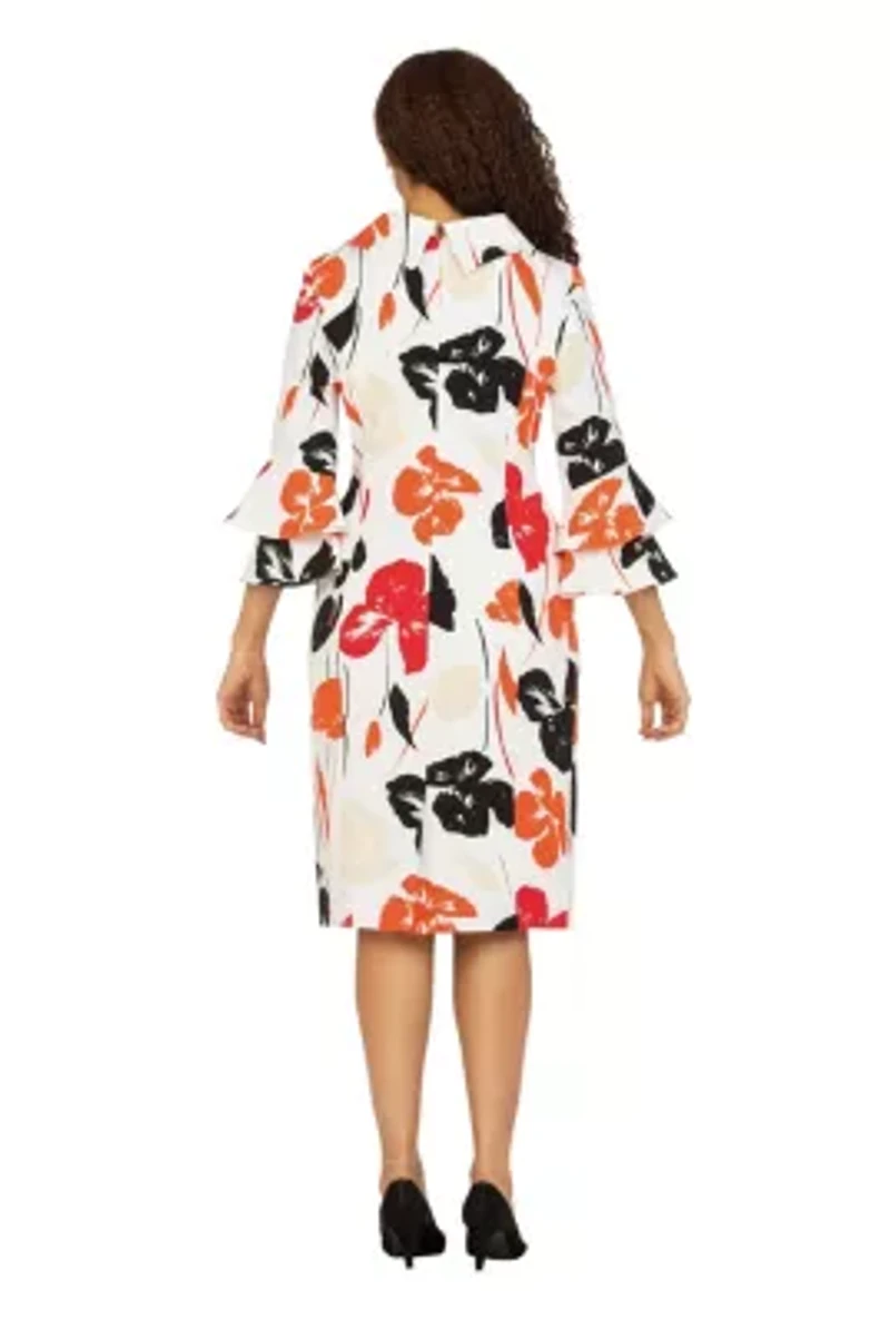 Cowl Neck 3/4 Ruffled Slv Print Drs w/ Brooch