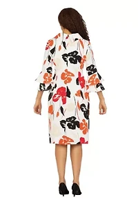 Cowl Neck 3/4 Ruffled Slv Print Drs w/ Brooch