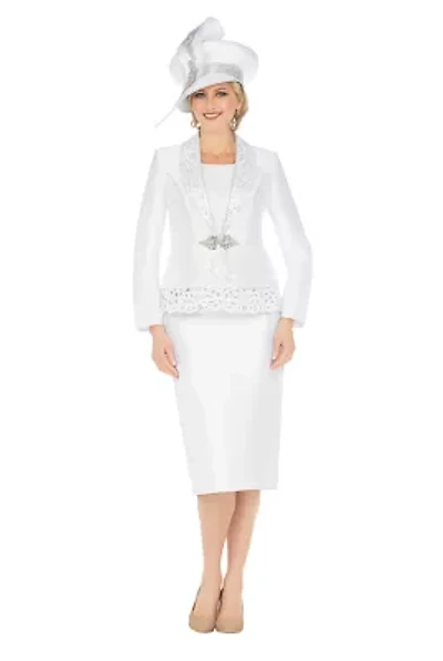 3pc Silky Twill Skirt Suit w/ Cutouts & Stones