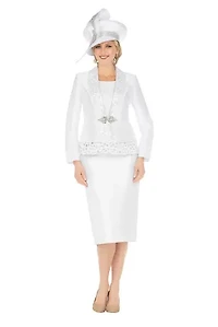 3pc Silky Twill Skirt Suit w/ Cutouts & Stones
