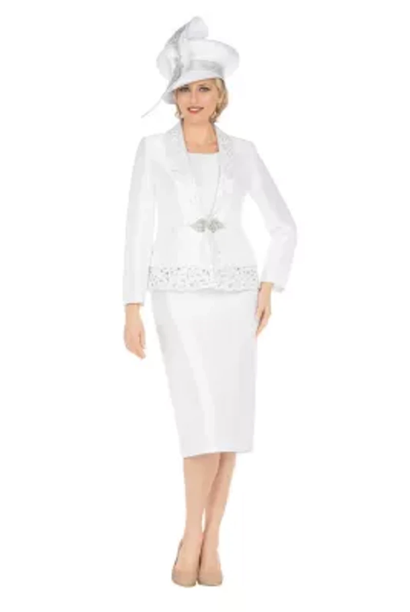 3pc Silky Twill Skirt Suit w/ Cutouts & Stones