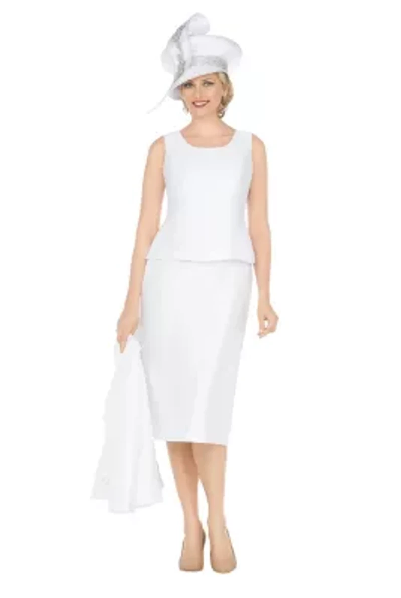 3pc Silky Twill Skirt Suit w/ Cutouts & Stones