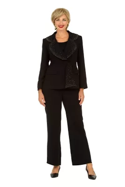 3pc Wide Collar Pants Suit with Rhinestone Detail