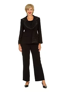 3pc Wide Collar Pants Suit with Rhinestone Detail