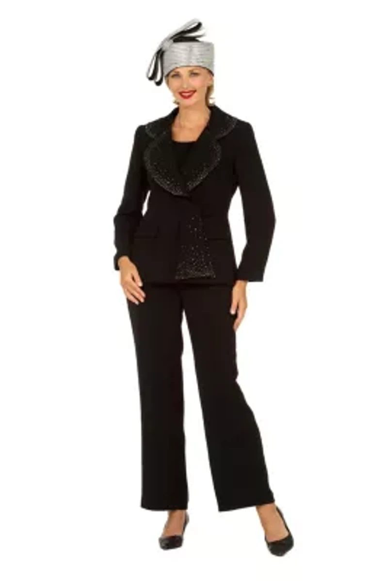 3pc Wide Collar Pants Suit with Rhinestone Detail