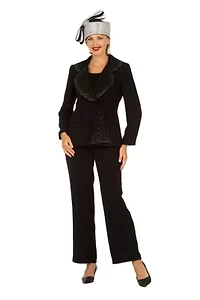 3pc Wide Collar Pants Suit with Rhinestone Detail