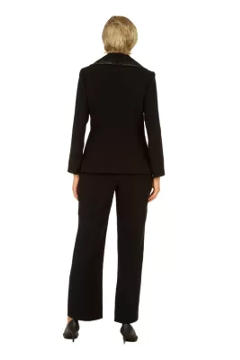3pc Wide Collar Pants Suit with Rhinestone Detail