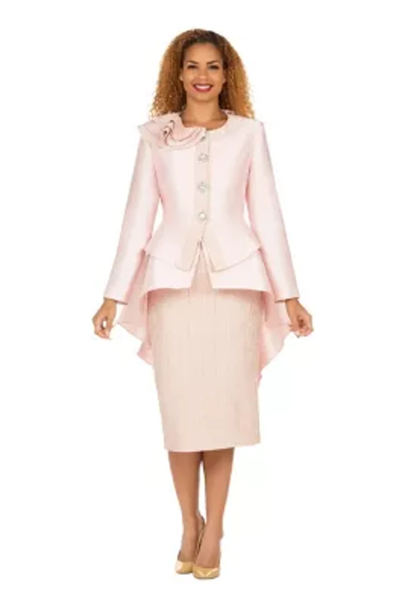 Silky Hi-Lo 2pc Suit w/ Textured Brocade Skirt