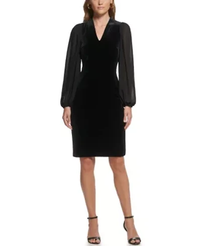 VELVET V NECK BODYCON DRESS WITH SLEEVES