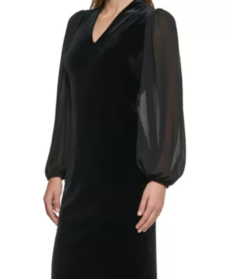 VELVET V NECK BODYCON DRESS WITH SLEEVES