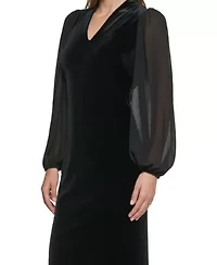 VELVET V NECK BODYCON DRESS WITH SLEEVES