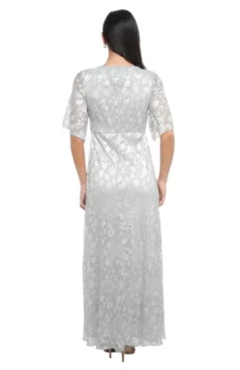 Pleated Silver Foil Knot Front Elbow Sleeve Gown