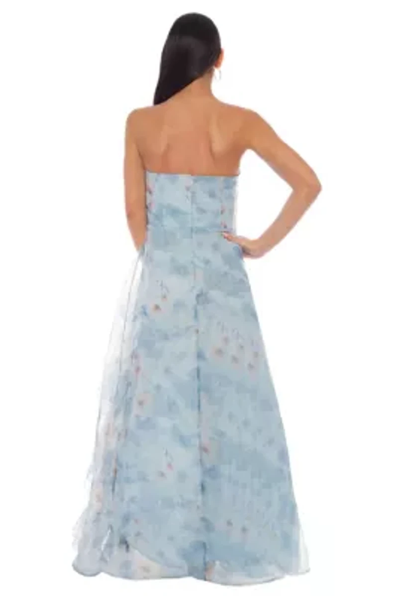 Strapless Floral Printed Organza Ruffle Skirt Gown