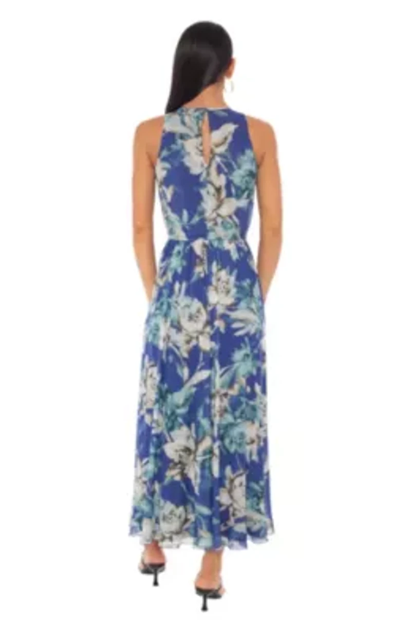 Rouch Neck Halter Mesh Midi Dress