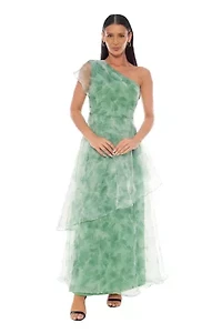 One Shoulder Printed Organza Gown