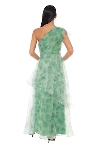 One Shoulder Printed Organza Gown