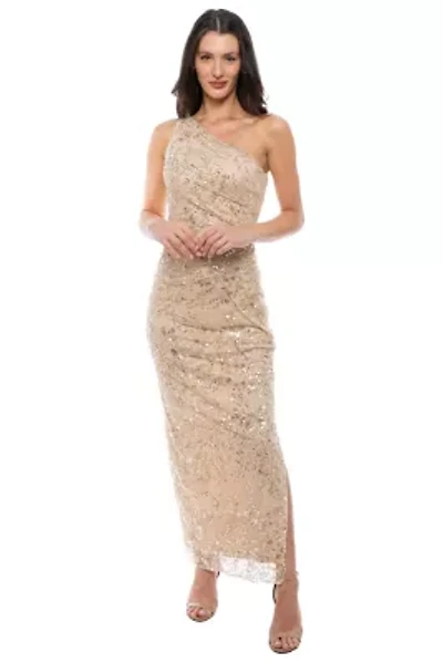 One Shoulder Beaded Mesh Gown