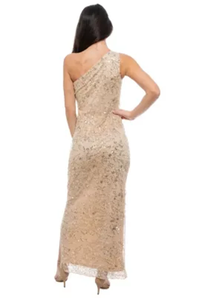 One Shoulder Beaded Mesh Gown